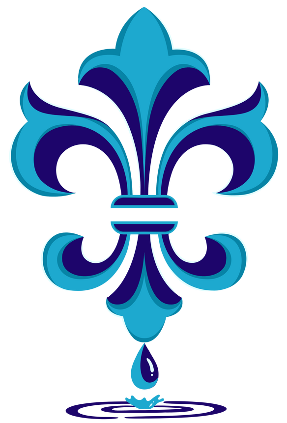WCA logo a blue and teal fleur-de-lis has a drip of water splashing down into water ringlet-puddles.